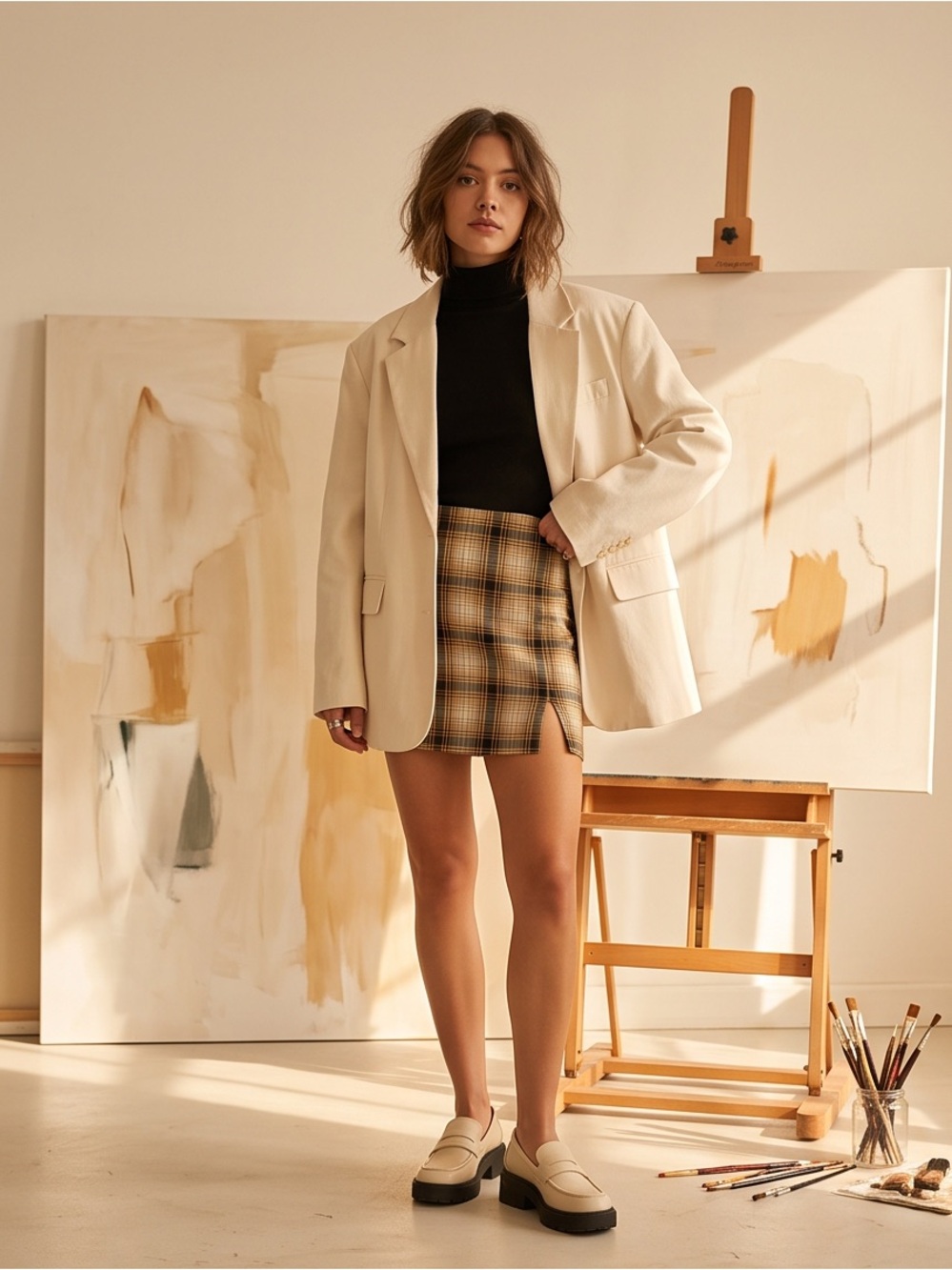 Urban Outfitters Yellow and Black Plaid Mini Skirt w/ Slit & Pockets